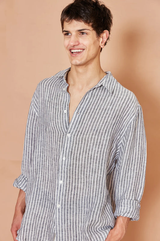 amalfi linen shirt - navy stripe